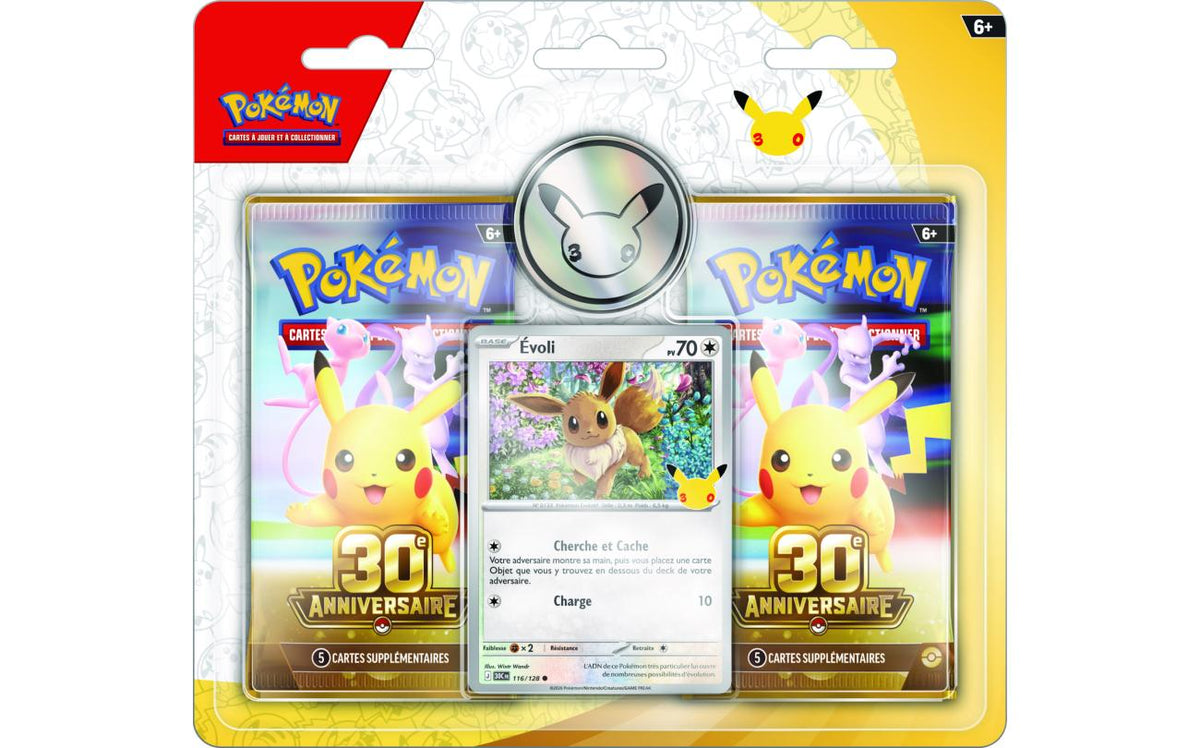 Blister Pokémon 30e Anniversaire avec Évoli promo et pièce Pikachu